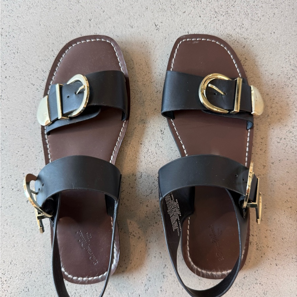 Universal Thread Black & Brown Leather Slide Sandals with Gold Buckles